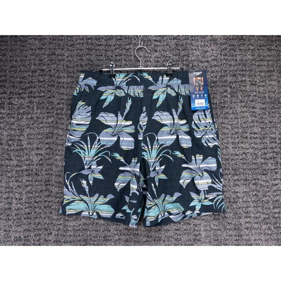 Speedo Swim Trunks Mens Large Black Floral Print Elastic Waist Lined UPF 50 NWT - Picture 1 of 12